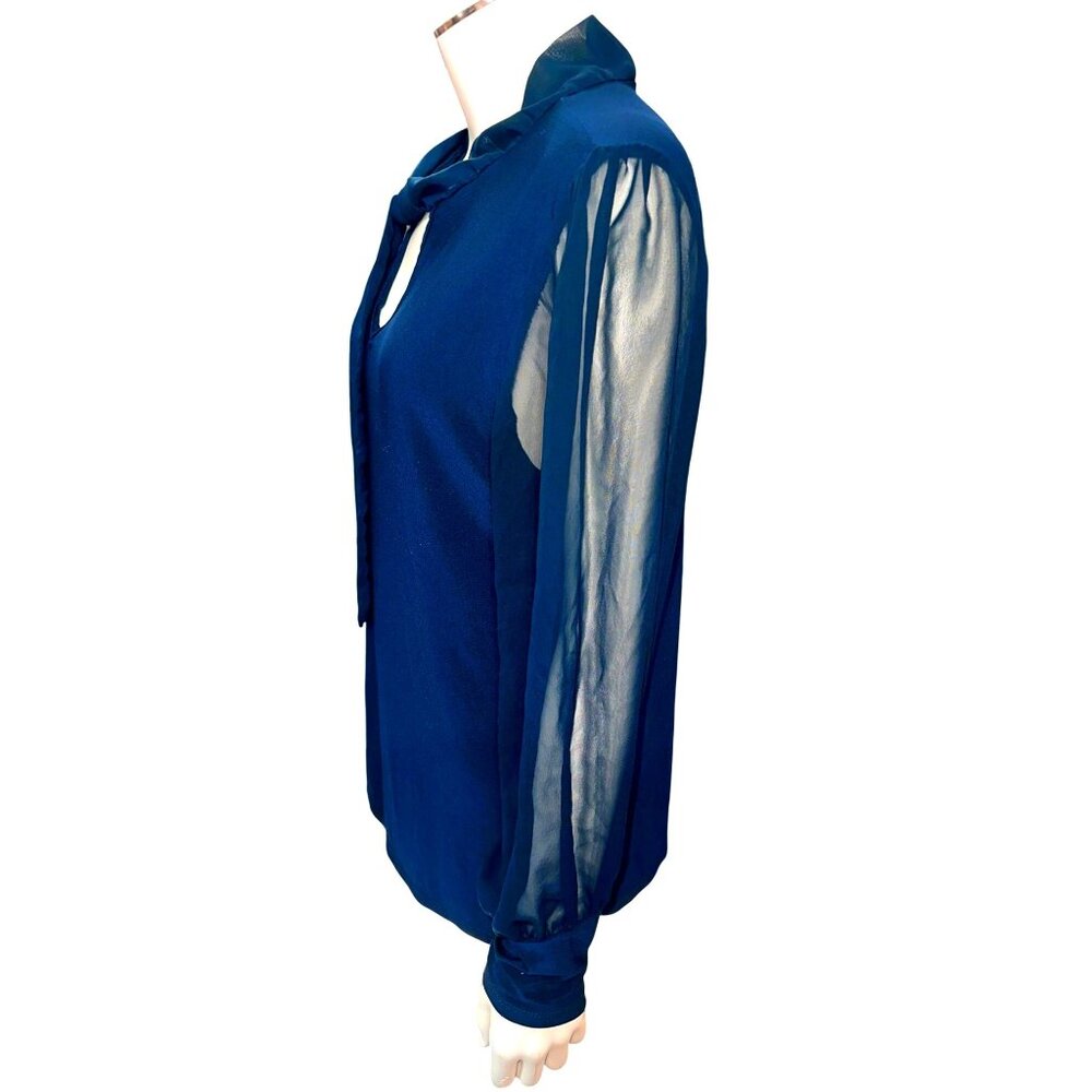 Adele May Navy Blouse Large Sheer Sleeve Tie Neck Keyhole Romantic Soft Glam - Picture 4 of 10